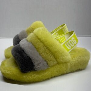 UGG Fluff Yeah Slippers Shoes Open Toe Shearling Fur Yellow Gray Women's Size 6